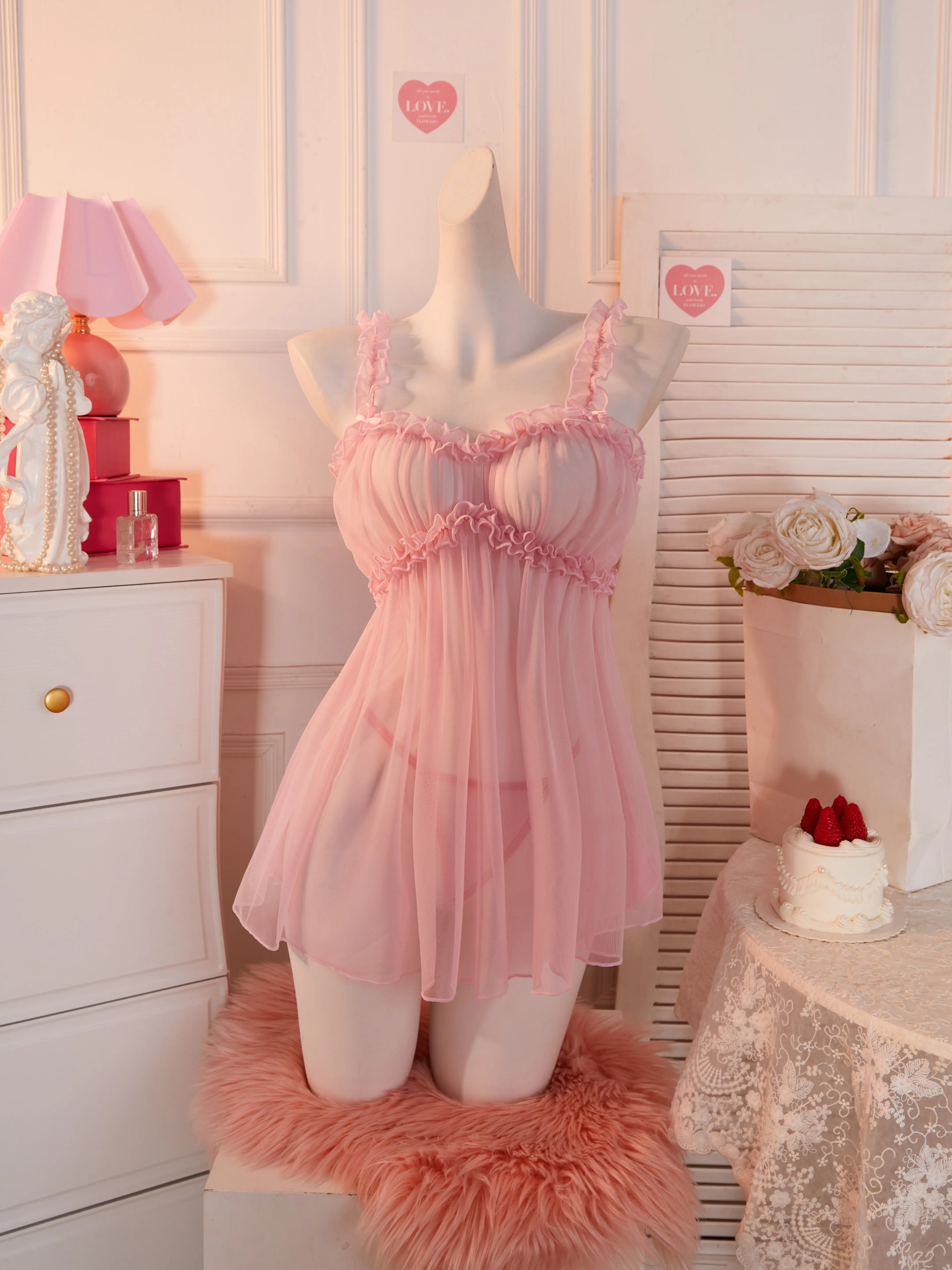 Women's Sexy Solid Ruffled Trim Nylon Blend Sheer Mesh Babydoll Lingerie Set, Transparent Mini Night Dress, Romantic Honeymoon Sleepwear, Hand Wash