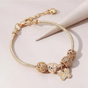 Fashion Beaded Copper Bracelet – Adjustable Design with Heart and Butterfly Alloy Rhinestone Charms