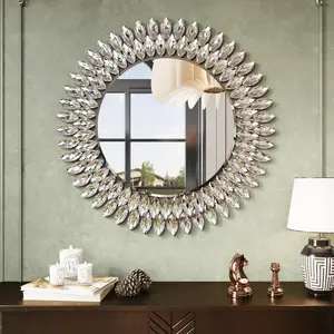 Round Jeweled Mirror for Wall Decor, 26 in Modern Decorative Wall Mirror with Luxury  Beveled Vanity Mirror for Bedroom Dresser, Living Room Table, Bathroom, Hallway, Entryway