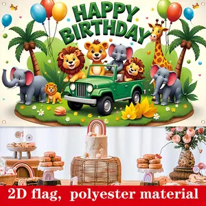 2D Flat Banner 1pc, 2D flat, Jungle Safari Happy Birthday Banner - Durable Featuring Lions, Elephants & Giraffes, Ideal for Indoor/Outdoor Party Decorations, Safari Birthday Decorations, Birthday Party Decor, Happy Birthday Supplies