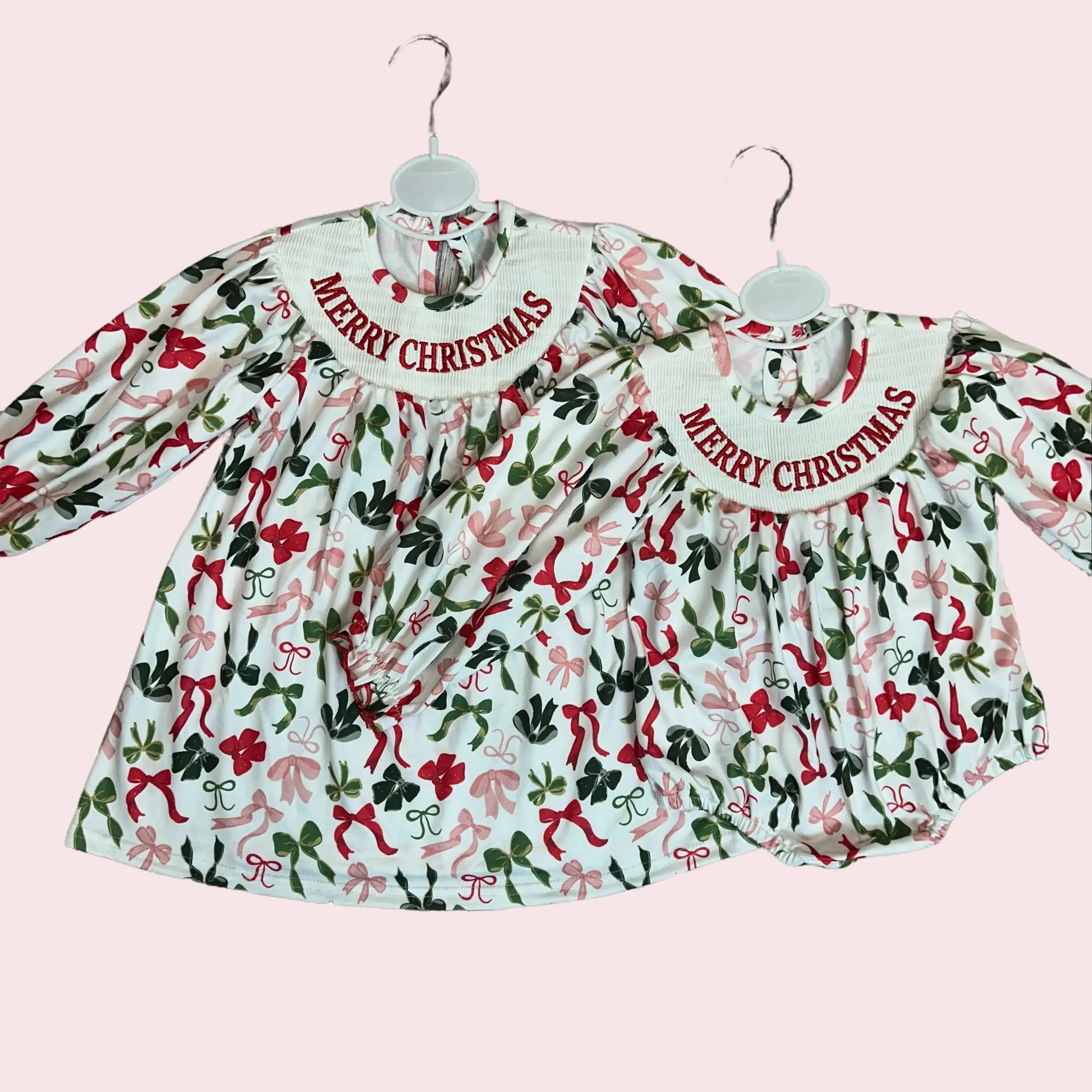 Girls' 2-Piece Christmas Holiday Sister Outfit Set - 95% Cotton-Spandex Floral Dresses, Long-Sleeve Smocked Crew Neck Dress & Baby Bubble Clothing, Dress For Girls