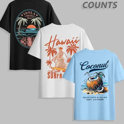 Men's Trendy Streetwear 3-Piece Set Casual Printed Tropical Letter Coconut Tree Print Round Neck Short Sleeve Fitted Breathable T-Shirt, Casual Comfortable Top for Summer Outdoor Wear