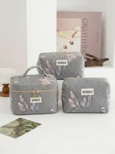 1/3 Fashion Grey Dragonfly Embroidery Makeup Bag, Holiday Leisure Beach Bag, Elegant Shiny Handbag, Zipper Portable Travel Wash Bag, Portable Storage Bag, Linen Mesh Makeup Bag, Travel Essential, Back to School Supplies, Soft Makeup Bag Set