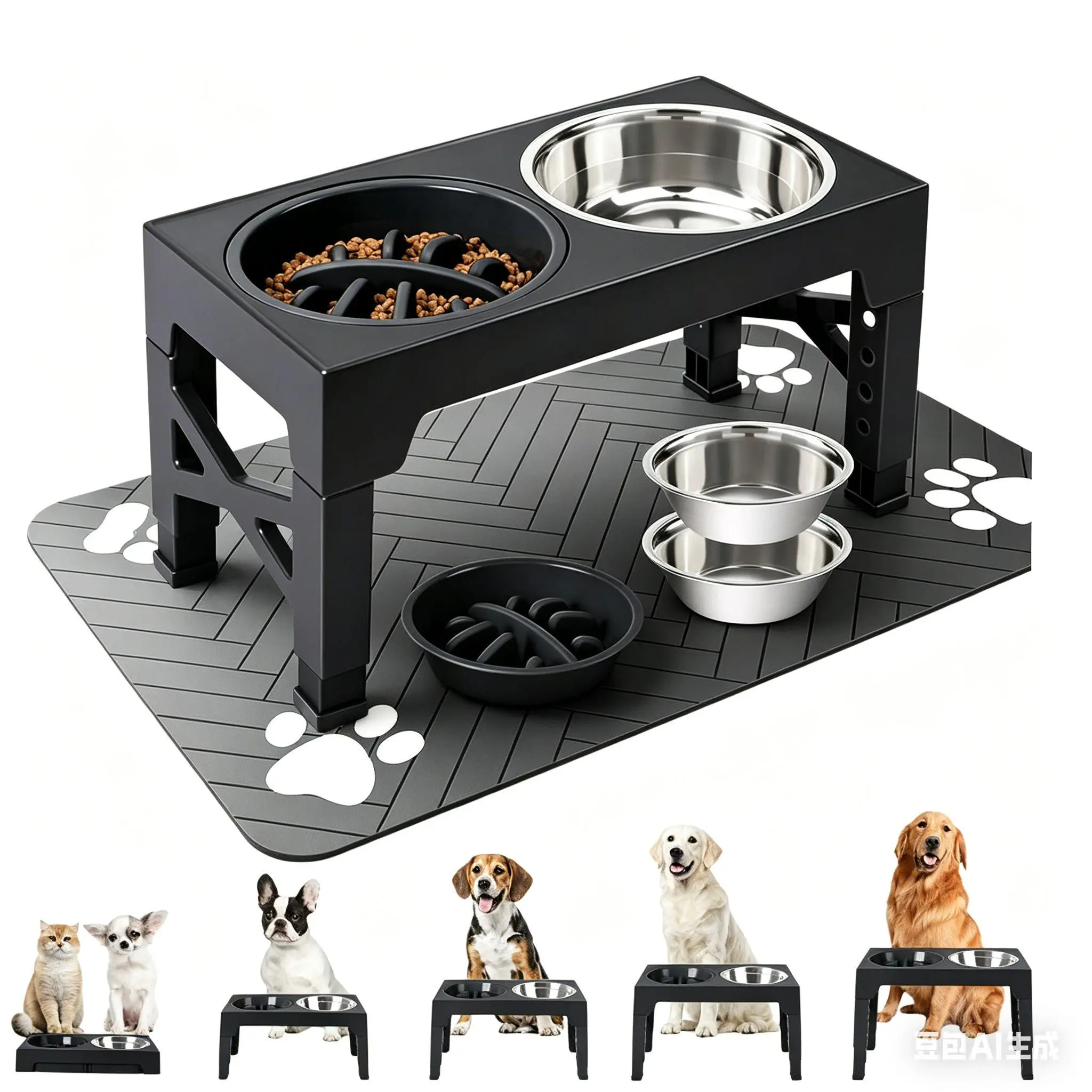 Elevated Dog Bowls + Pet Feeding Mat Set- 5 Adjustable Heights Stand, 2 Stainless Steel Bowls & 1 Slow Feeder, 3.2" to 12.2" for Small to Large Dogs, Absorbent Pet Placemat for Food and Water Bowl