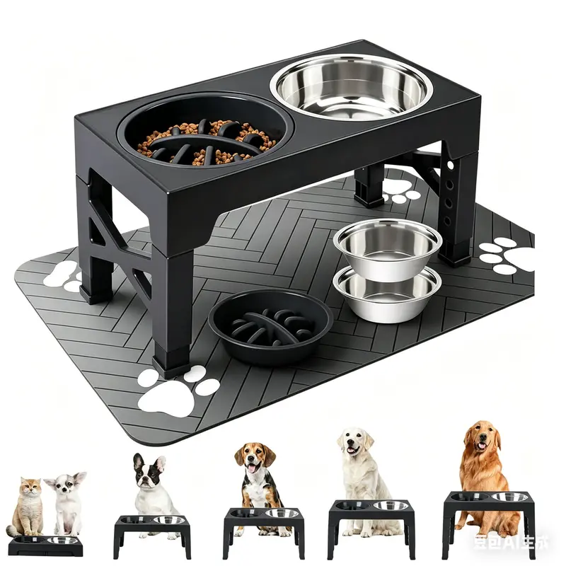 Adjustable Height Elevated Dog Bowl Set - 5 Heights (3.2" to 12.2"), 2 Stainless Steel Bowls, Slow Feeder, Feeding Tray, Absorbent Dish Mat for Small to Large Dogs