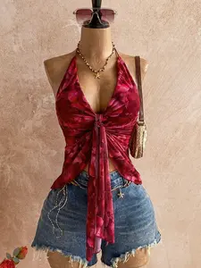 Sibrian Top Beach Outfit For Women  Summer Outfits Vacation Outfits Women Valentine Outfits For Women Summer Holiday Outfits Carnival Women Holiday Outfits For Women Casual Blouses For Women  Red Tops For Women Women's Y2K Floral Print Tie Front Hal