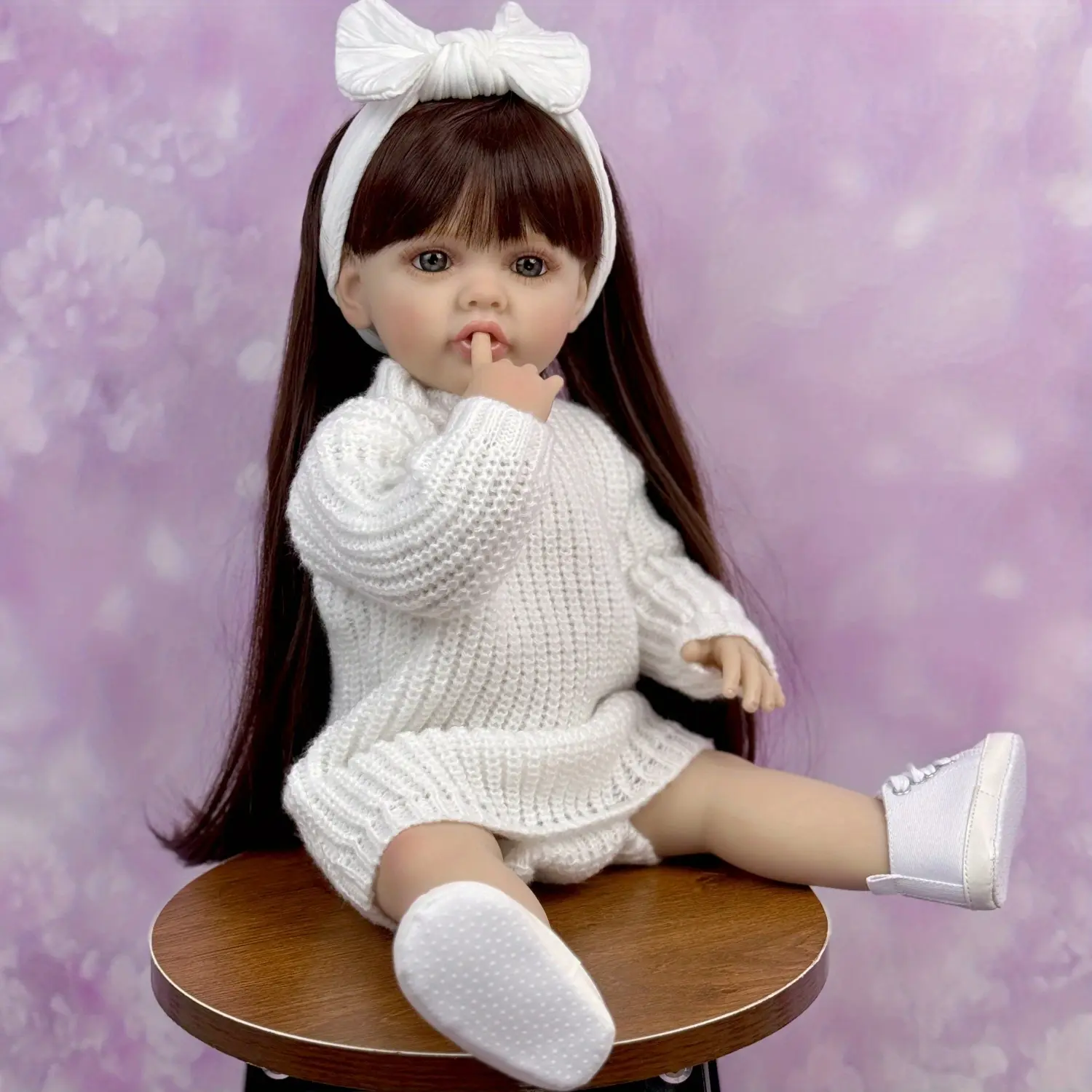 TopLink 55cm Realistic Soft Reborn Baby Girl Doll, Full Vinyl Body, Brown Long Hair Princess Toddler Doll, Handmade Dress-Up Toy for Children, Lovely Birthday Gift, Realistic Soft Dolls