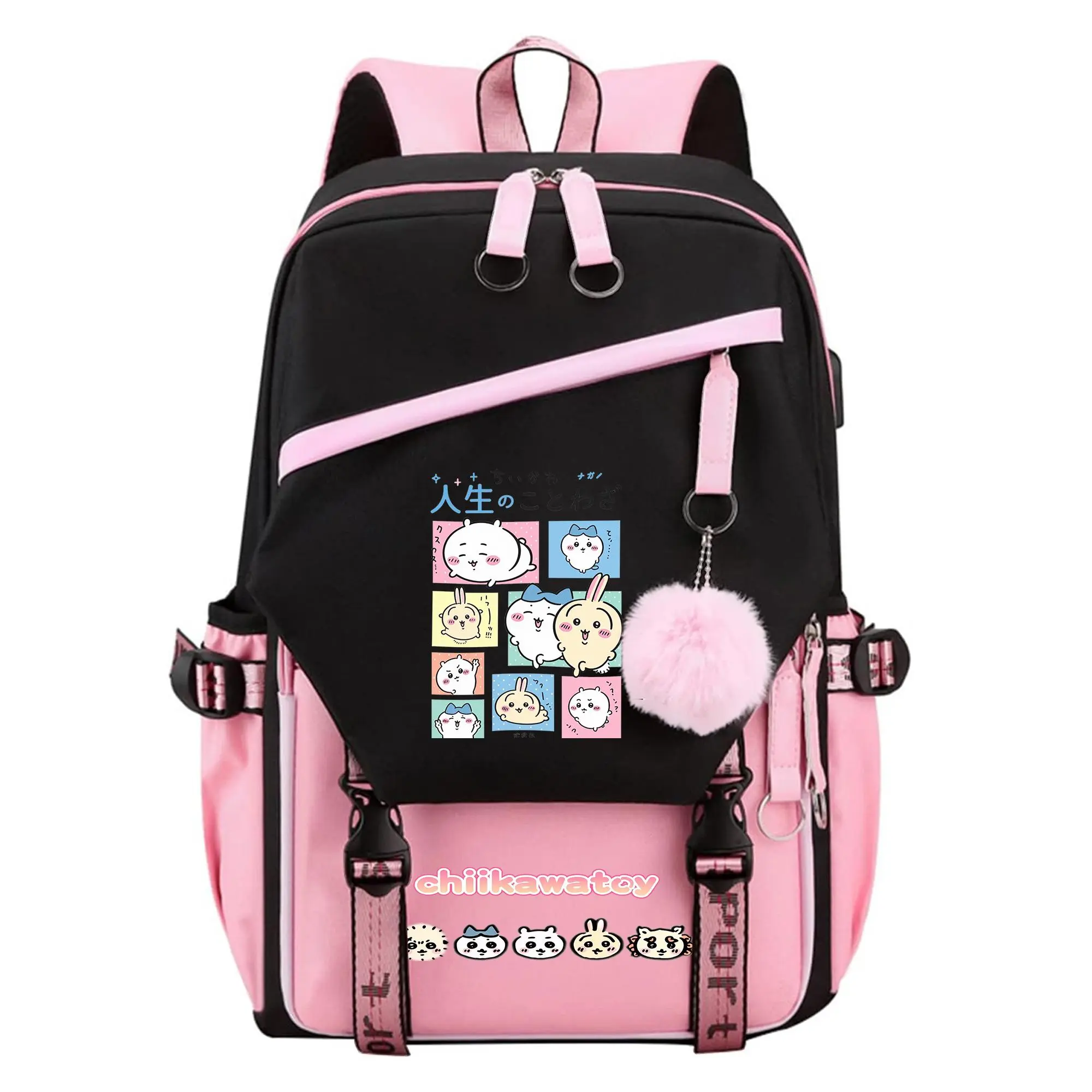 chiikawa Graphic Backpack for Girls, Y2K Pink and Black School Bookbag with Keychain, Waterproof Travel Laptop Bag for Teens College d-6