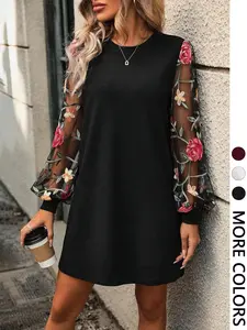 Women's Floral Embroidery Bishop Sleeve Dress, Elegant Long Sleeve Round Neck Short Dress for Party Holiday Wedding Guest, Ladies Clothes for All Seasons