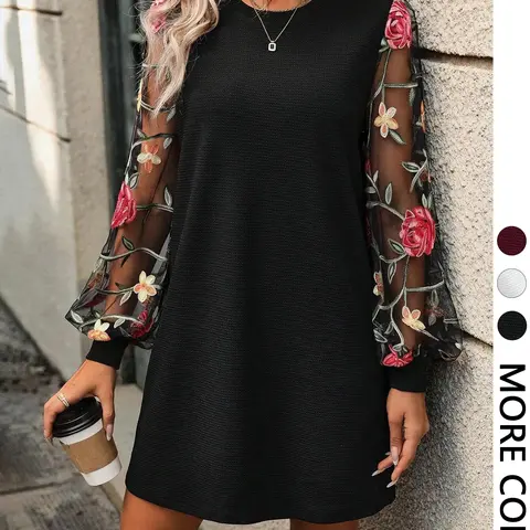Women's Floral Embroidery Mesh Fabric Balloon Bishop Sleeve Dress Chic Long Sleeve Round Neck Short Dress for Party Holiday Wedding Guest, Ladies Clothes for All Seasons, Womenswear Fit Piece Wedding Guest Dresses