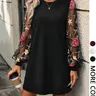 Women's Floral Embroidery Mesh Fabric Balloon Bishop Sleeve Dress Chic Long Sleeve Round Neck Short Dress for Party Holiday Wedding Guest, Ladies Clothes for All Seasons, Womenswear Fit Piece Wedding Guest Dresses