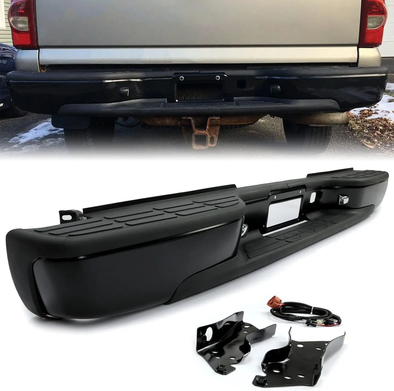 ECOTRIC Rear Bumper (Chevy/GMC Compatible) - 1999-2007 Silverado/Sierra 1500/2500 Classic Face Bar with License Lights, Powder Coated Black, Replaces GM1103122/4, 12496085