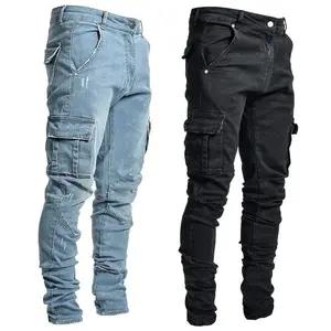 Street Elastic Jeans Men Denim Cargo Pants Wash Solid Color Multi Pockets Casual Mid Waist Trousers Slim Fit Daily Wear Joggers Shirt Light Blue