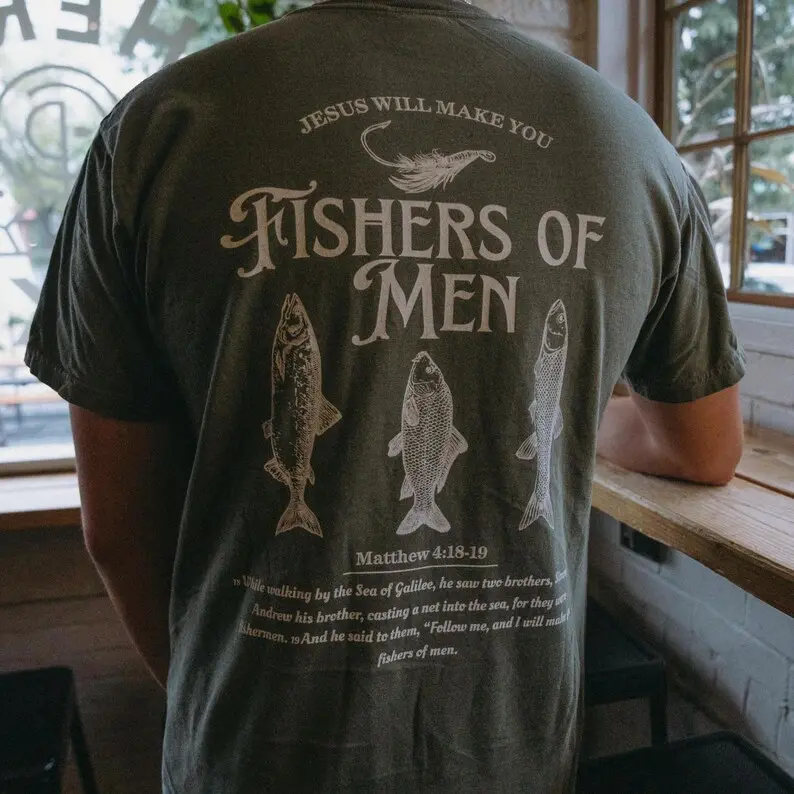 Comfort Colors Retro Fishers of Men Tee, Vintage Christian T-shirt, Outdoors Faith, Jesus Tee, Bible Verse Matthew 4:19, Father's Day Gift for Him