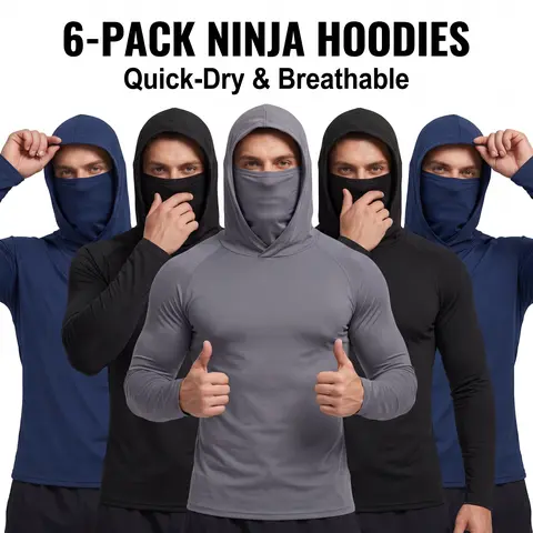 Men's 3/5/6-Piece Quality Hoodie Set, Outdoor Work Sun Protection Apparel, Solid Slim-Fitting Long-Sleeve Sweatshirt, Built-in Face Mask & Neck Guard, 4-Way Stretch, Breathable, Cool-Dry Fabric, Cooling, Durable, All Seasons
