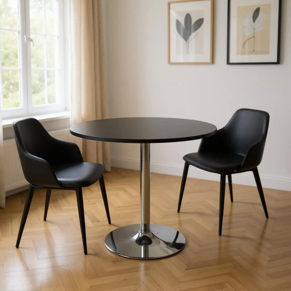 Modern 360-Rotating Stand Round Top Dining Table - 30x35.5x35.5 in, Black & Silver Wood-Metal Pedestal Base, Corner-Less Design, Stylish Answer, Clean Design, Assembly Required, Contemporary Indoor Dining Room Furniture, Seats 6, Dark Finish