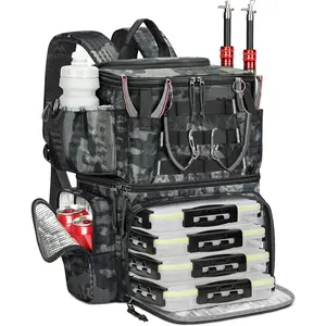 Fishing Backpack with 4 Tackle Boxes, Fishing Bag with Rod Holder & Safety Compass & Cooler, Gifts for Fishermen