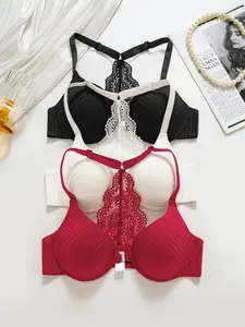 3-Pack Lace Backless Front Closure Bras, Comfortable Everyday Wear, Elegance, Enhances Bust Size, Steel Ring Support, Underwire Bra, Women's Underwear Set