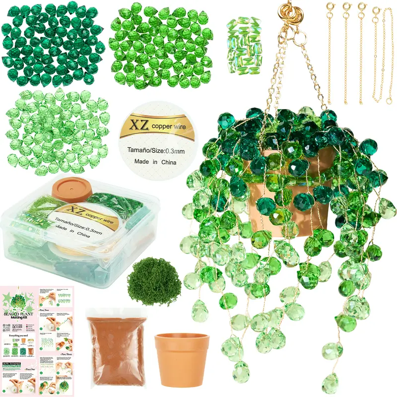 Beaded Plant All-in-1 DIY Craft Kit - Real Glass Beads, Glass Succulent Green Leaf Flowers, Dangling Charms, Video Guidance, Organized Packaging, Printed Instructions, Evergreen Look, No Upkeep, All Seasons for Plant Lovers’ Jewelry Making, Room Decor