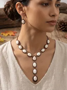Western White Turquoise Y Necklace Set - Vintage Copper Oval Stone Statement Jewelry for Women - Southwestern Native American Inspired Boho Accessories & Cowgirl Gifts