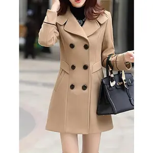 Women’s 2025 Winter Warm Double-Breasted Notched Lapel Raincoat – Burgundy Long-Sleeve Jacket with Gold-Tone Buttons, Structured Cut and Classic Collar, Suitable for Street Style