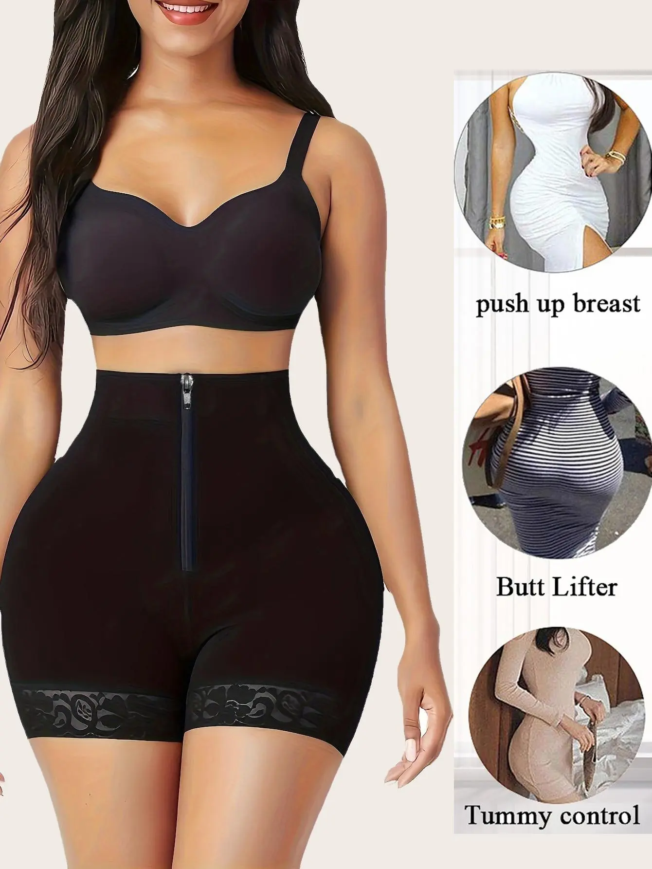 Fajas Colombianas Bodysuit for Women, Mid-Thigh Compression Shaper Shorts with Tummy Control, Butt Lifter & Zipper Closure, Compression Shorts, Lifts Hips