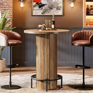 Tribesigns Round Bar Table, 39.4" H Wood Bistro Pub Table with Metal Ring Footrest for Dining Coffee Cocktail Living Room, Small Space(Only Table)