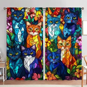 Cat Pattern Stained Glass Print Door Curtain, 1 Set Colorful Animals Pattern Door Curtain, Home Decor for Living Room Bedroom