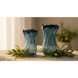 Blue Glass Vase Set Hand-Blown with Deep Oceanic Blues and Aquamarine Tones for Coastal Interiors
