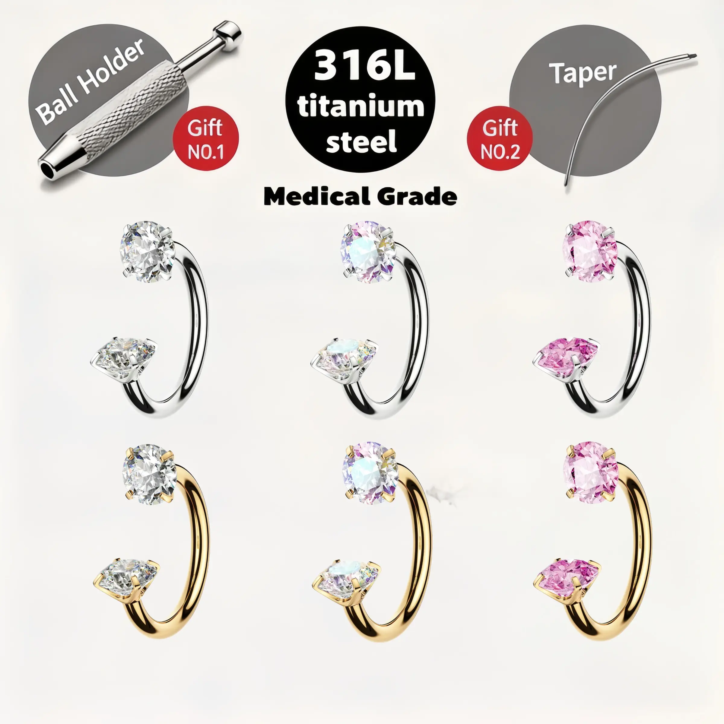 3pcs Hot-selling 316L medical-grade titanium steel Horseshoe Nose Ring 20G(8mm)Internally Threaded Gems,with Free Ball Holder & Guiding Needle Body Piercing Jewelry Nose Ring Jewelry