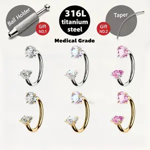 3pcs Hot-selling 316L medical-grade titanium steel Horseshoe Nose Ring 20G(8mm)Internally Threaded Gems,with Free Ball Holder & Guiding Needle