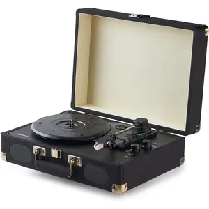 Portable Suitcase Vinyl Turntable Record Player with Built-in Speakers and Bluetooth, Supports 3-Speed, Black