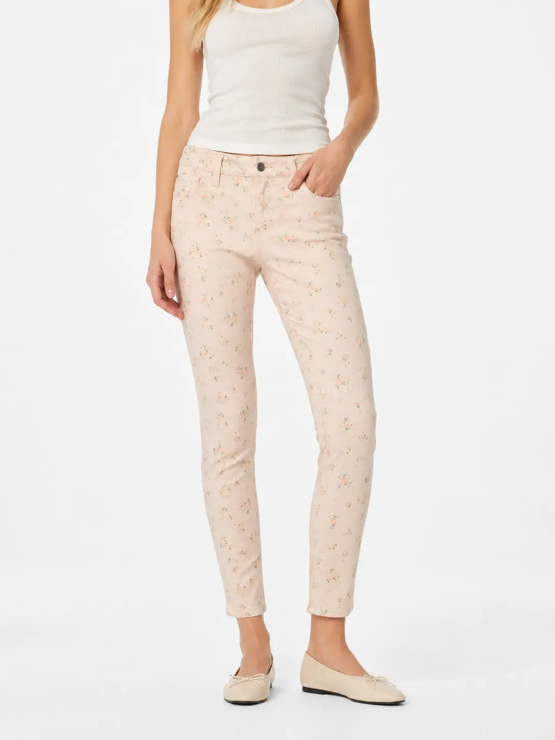 Blush Floral Skinny Pants – Soft Pastel High Waist Jeans