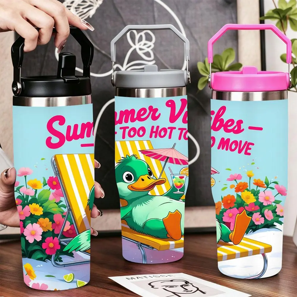 Cartoon Duck Multi-Size Double Wall Stainless Steel Leak Proof Tumbler with Lid & Straw - BPA-Free Vacuum Insulated Travel Mug, Keeps Cold & Hot, for Gym & Office (12oz,20oz,22oz,30oz,40oz)
