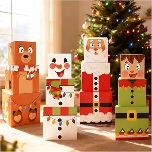 12 PCS Christmas Stackable Gift Boxes with Lids for Present, 4 Design Xmas Nesting Box, Cute Decorative Stacking Boxes for Gift Wrap Party Decor (1 Stanta,1 Snowman, 1 Bear, 1 Xmas Charcter)