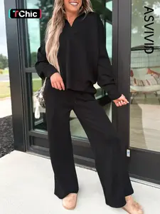 Women's Casual Solid Color Collared V Neck Pullover Sweatshirt Sweatpants Set, Long Sleeve High Waist , All Seasons 2-Piece Set
