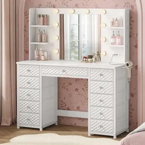 Sikaic Makeup Vanity Desk with 11 Drawers and 6 Open Shelves, Modern Dressing Table with LED Lights, Power Strip & Storage, Makeup Vanity for Bedroom
