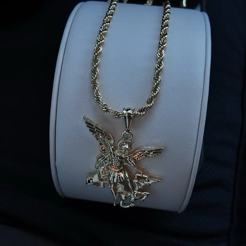 Gold Plated Archangel Saint Michael Charm Religion Pendant with 24 inch Rope Chain for Faith Jewelry Accessories Necklace