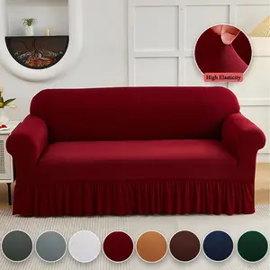 1PC Elastic Skirt Sofa Cover Universal Four Seasons Anti-dirty And Non-slip Solid Color Sofa Cover Suitable For 1/2/3/4 Seat Home/living Room Decoration All-inclusive Sofa Protective Cover