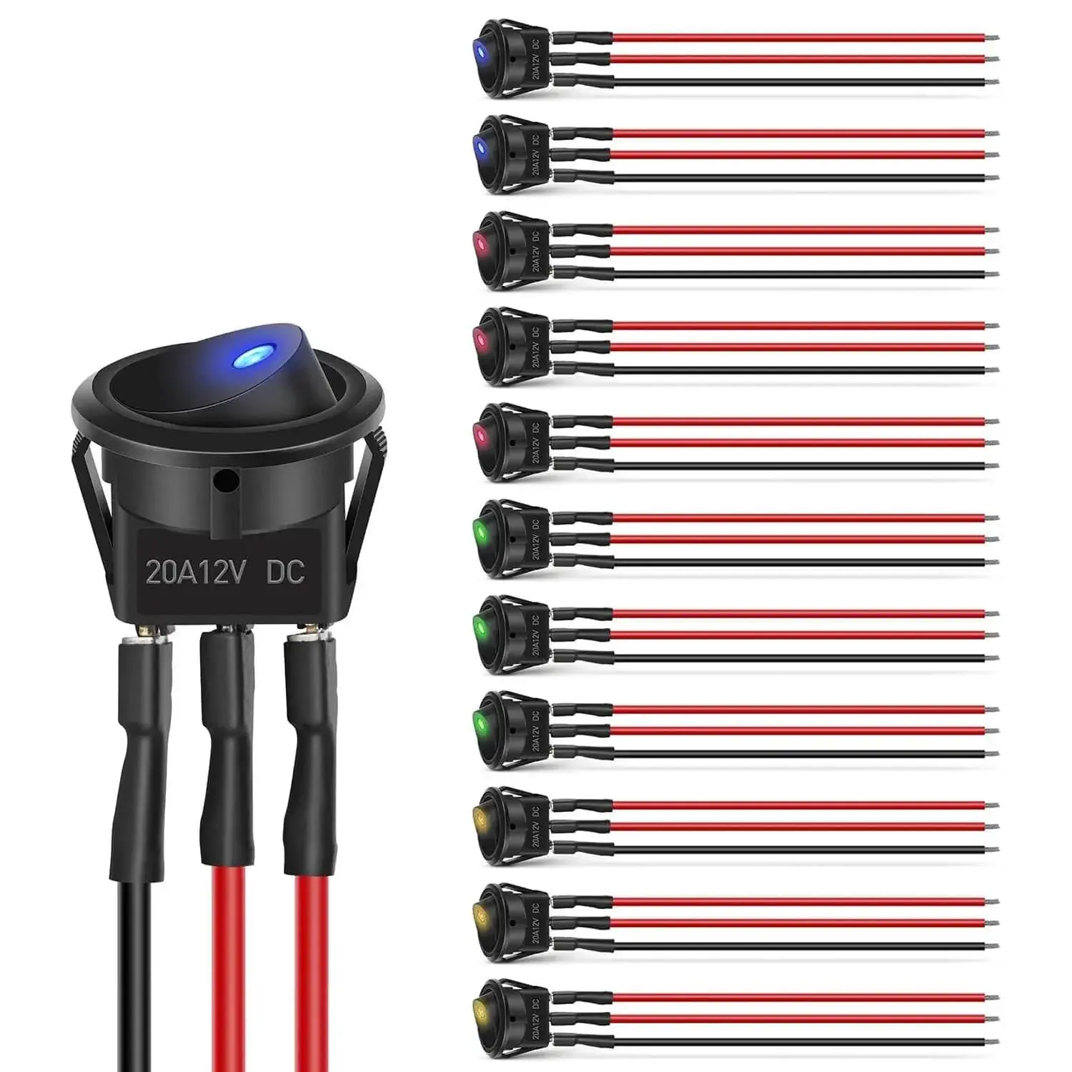 Nilight 12Pcs Wired Round Glowing Plastic Toggle Switches Set - 12V 20A Max On/Off Control Push Buttons with Copper Plated Wires, Glowing LEDs for Home Improvement Electrical Equipment