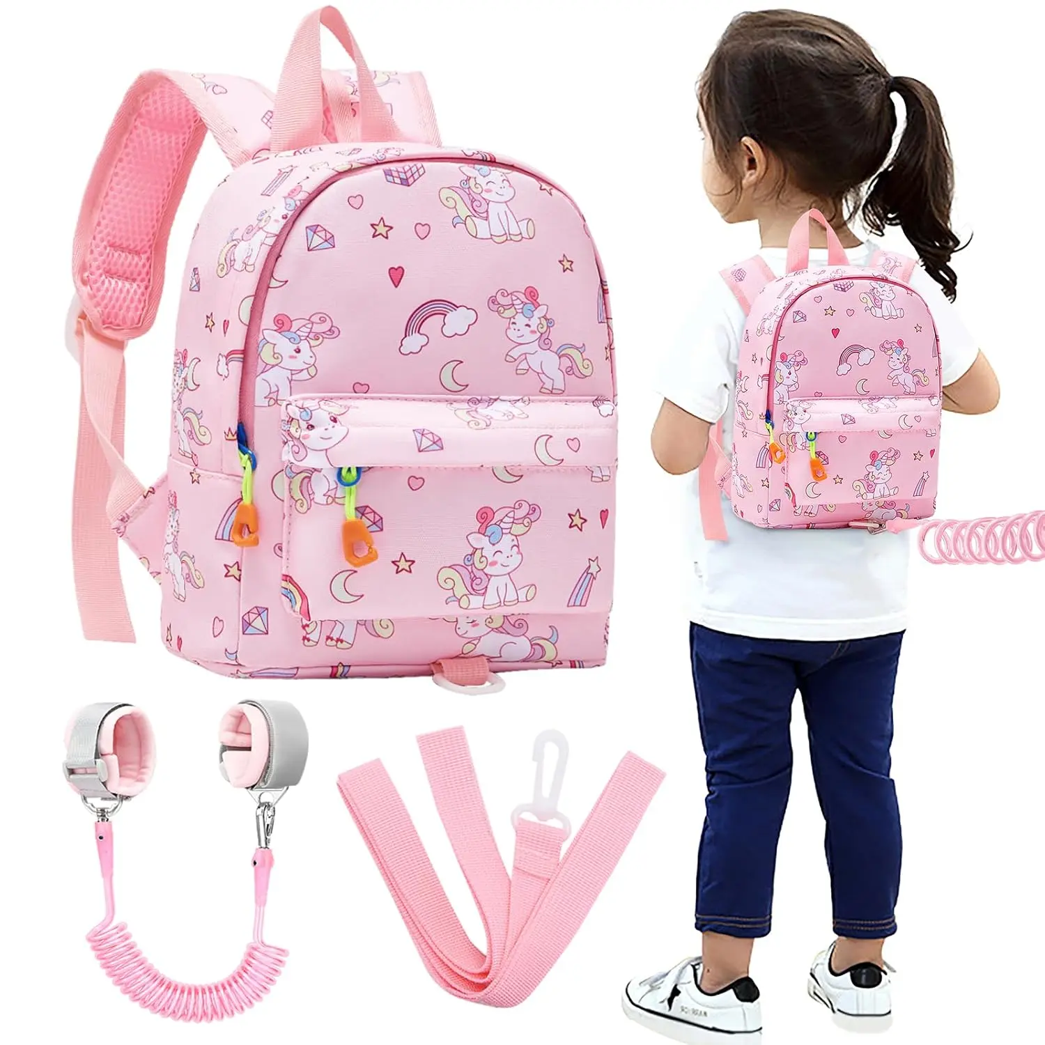 Toddler Backpack Leash with Anti Lost Wrist Link, Cute Mini Child Walking Harnesses Keep Kids Close Back Pack Rope Tether Rein for Baby Boys (Pink/Unicorn)