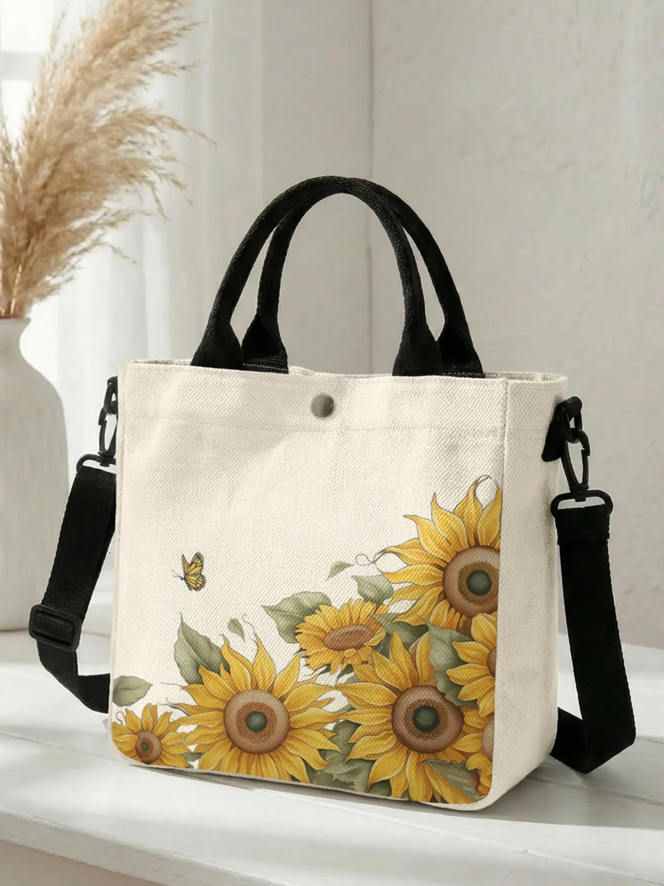 1 piece of sunflower pattern 2D printed fashionable Bohemian everyday crossbody bag, adjustable shoulder strap + snap closure | students/school workers/street outings | a street essential that combines aesthetic appeal and practicality