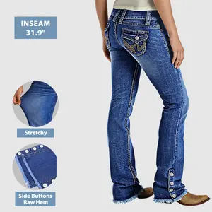 Flamingals Raw Hem Button Side Embroidery Mid Waist Bootcut Jeans