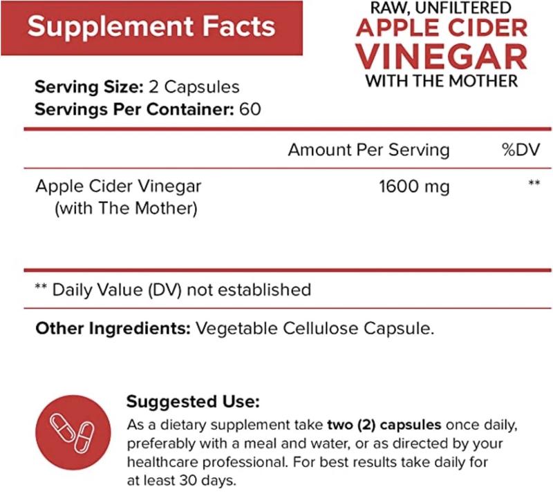 NutriFlair Apple Cider Vinegar with the Mother 1600mg, Gut Health Support Dietary Aid - 120 Capsules Edible Healthcare