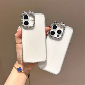 Electroplating diamond cute cat frame mobile phone case suitable for iPhone17/16/15/14/13ProMax&Pro&Plus high-transparency soft case