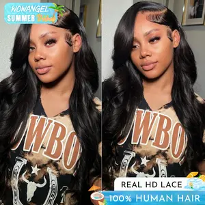 WOWANGEL 13x6 Full Frontal Body Wave Texture Lace Frontal HD Lace 250% Human Hair Wig Density Pre Plucked Hairline and Bleached Knots