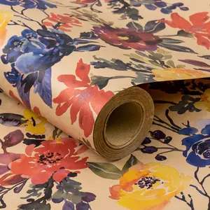 Kraft Paper Watercolor Floral Gift Wrap Roll, Bold Multicolor Floral Print, Ideal for Bridal Shower, Spring Party, DIY Craft Decoration, 43.2cm X 500cm