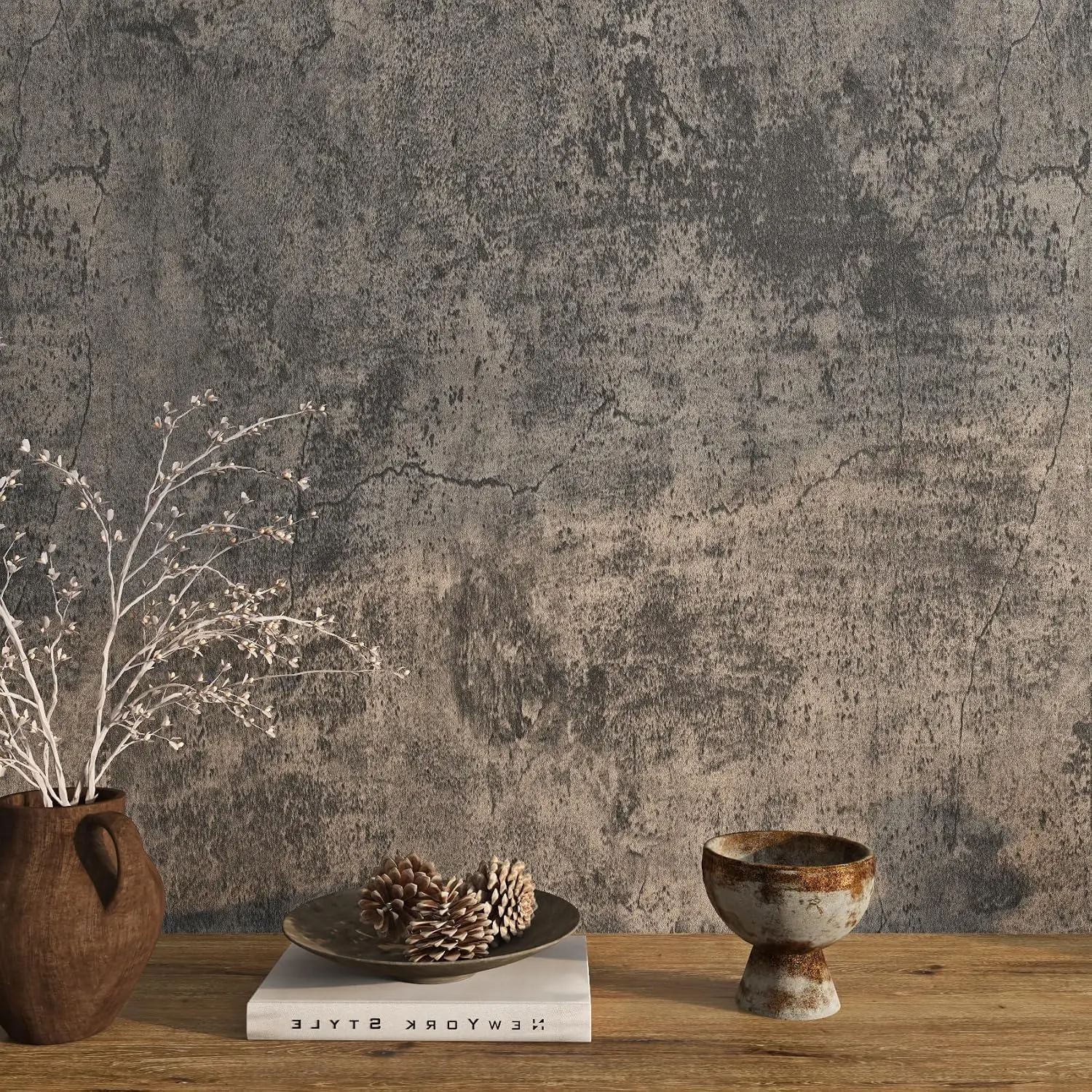 15.8x394in Thick Vinyl Peel-and-Stick Wallpaper, Brown Concrete-Look Dark Academia Renter-Friendly Waterproof Removable Wall/Countertop Covering