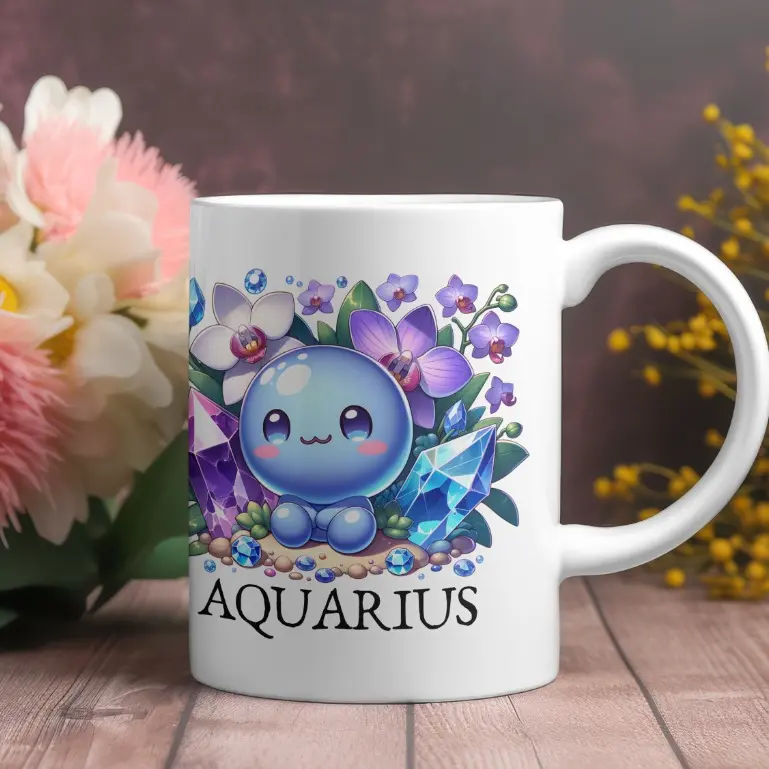 Aquarius Mug - Water Bearer, Amethyst, Orchids, Zodiac Gift, January February Birthday Present, Birthstone, BPA-free Ceramic - Drinkware Washable Classic Tea Reuse Drink Beverage Reusable
