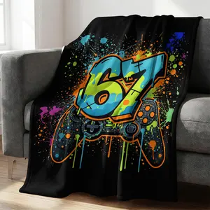 Gamer 67 Graffiti Flannel Blanket, Cool Game Controller Throw Blanket, Soft Warm Digital Print Blanket for Couch, Bed, Gaming Room, Cozy Fleece Gift Blanket for Teen Boys, Kids, Gamers